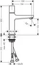 Hansgrohe Waschtischmischer mit einem schlanken Design, ausgestattet mit einem Hebel und einer Drucköffnung für den Ablauf. Technische Zeichnung mit Maßen und Anschlussdetails.
